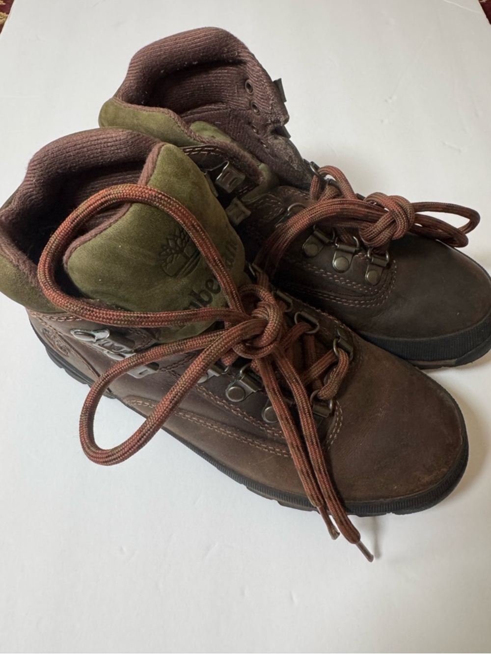 Timberland Brown Leather Hiking Boots with Olive Accents